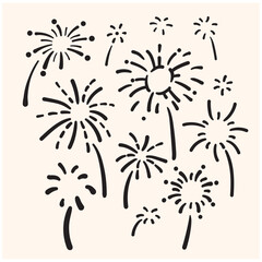 Set Fireworks with illustration style doodle and line art