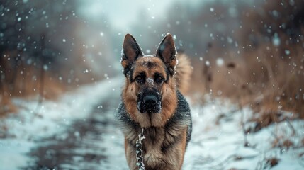 German Shepherd canine on a lead outside during a wintry day - obrazy, fototapety, plakaty
