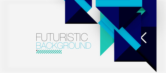 Futuristic art with electric blue and magenta geometric shapes like triangles, rectangles, and circles on a white background. Brand logo with a unique pattern font design