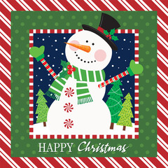 Christmas card with cute snowman and tree