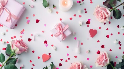 Valentine s Day themed flat lay composition with roses presents candles and confetti on a white surface Ideal for greeting cards with ample space for messages Shot from above
