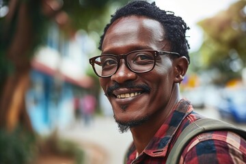 Portrait of a smiling young man with eyeglasses in the street
