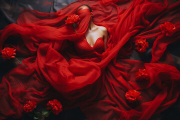 A person enveloped in a flow of red fabric, complemented by red flowers - obrazy, fototapety, plakaty