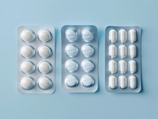 Blue-White Antibiotic Capsule Pills and Blister Pack on Blue Background for Online Pharmacy and Pharmaceutical Industry Concept