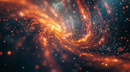 the depths of the universe with a mesmerizing abstract background, where vibrant orange hues mingle with celestial light, creating a breathtaking display worthy of exploration - obrazy, fototapety, plakaty