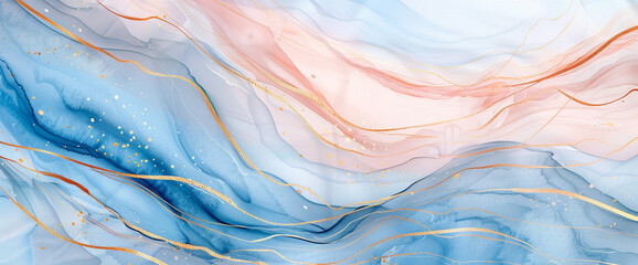 Soft pastel waves of blue and pink watercolor paint gracefully intertwine, creating a soothing and elegant backdrop - obrazy, fototapety, plakaty