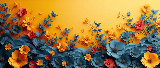 Fototapeta na wymiar a large group of paper flowers on a yellow background