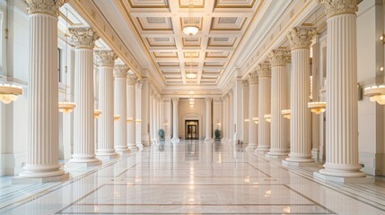 Spacious room adorned with marble pillars and a high ceiling. Elegant and luxurious interior design
