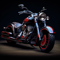 A black motorcycle with red accents is parked in front of a dark background.