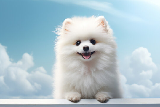 Cute Pomeranian dog on blue sky background with clouds.