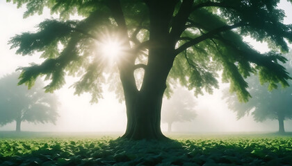 Big green tree leaves in green summer with sunburst sun rays over foggy 