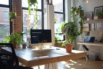 Fototapeta premium A desk with a computer monitor and a potted plant