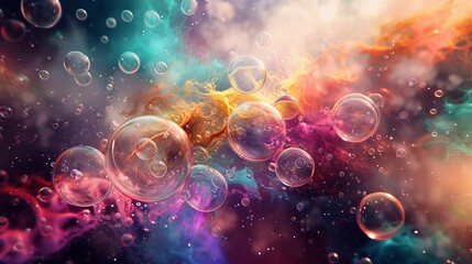 Let your imagination take flight with an abstract desktop wallpaper adorned with whimsical bubbles dancing joyfully amidst a sea of radiant and harmonious colors, inspiring creativity and exploration - obrazy, fototapety, plakaty
