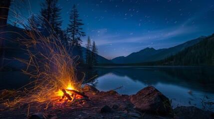 Long exposure captures the chaotic beauty of campfire sparks as they leap and dance in the air, illuminating the darkness around them - obrazy, fototapety, plakaty