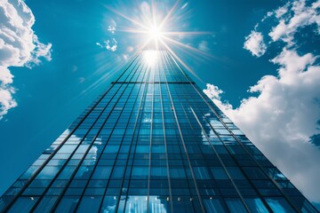 High-rise building with countless windows set against a serene blue sky. Iconic symbol of urban...
