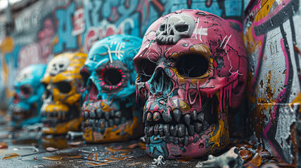 Fototapeta premium multiple awesome design worn colorful angry monster Skulls and bone stickers on top of each other, Street art style, comic,generative ai