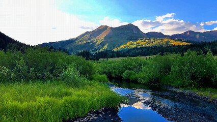 Fototapeta premium Sunset in an alpine meadow surrounded by forest and mountain peaks, near Crested Butte, Colorado.