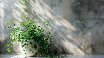 A potted plant sits on a ledge in front of a wall - obrazy, fototapety, plakaty