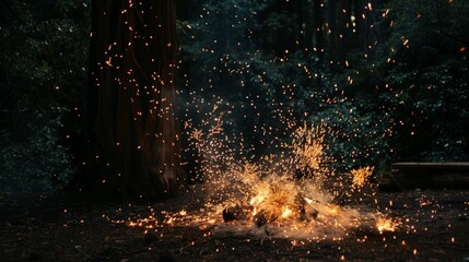 Long exposure captures the chaotic beauty of campfire sparks as they leap and dance in the air, illuminating the darkness around them