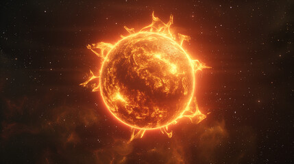 Obraz premium Bright sun, the sun with an orange glow and glowing edges. The background is dark space, with stars visible in all directions. In front of it stands a small planet. Sun radiates 