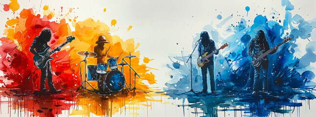 Illustrative painterly style vibarant multicolored rock'n'roll band white background generative ai