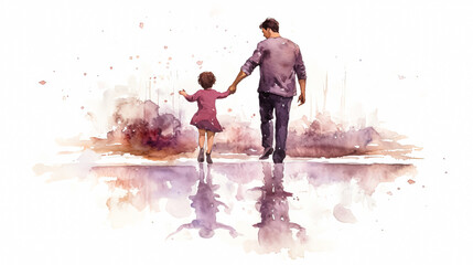 A man and a child are walking together. - obrazy, fototapety, plakaty