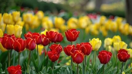 Red and yellow blooms in a garden