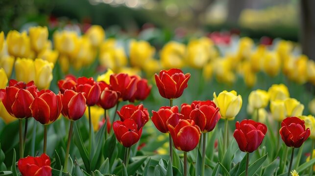 Red and yellow blooms in a garden