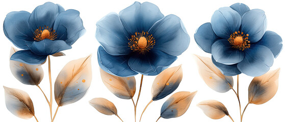 a three blue flowers with leaves on a white background