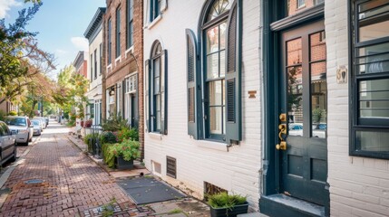 Sidewalk paved with bricks, flanked by a series of white buildings. Quaint and inviting cityscape