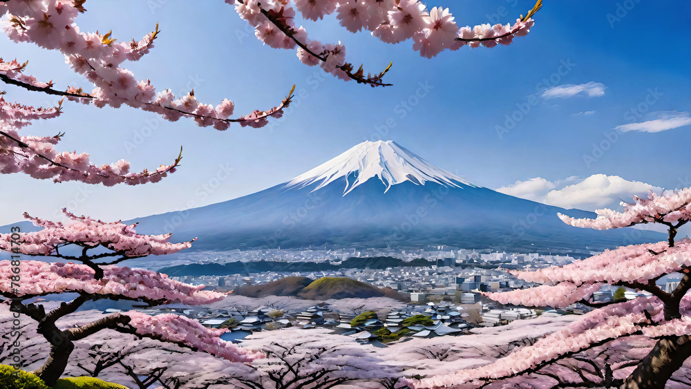 Sticker Mount Fuji landscape behind sakura branches