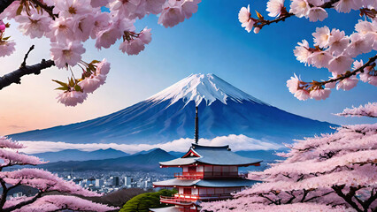 Mount Fuji landscape behind sakura branches