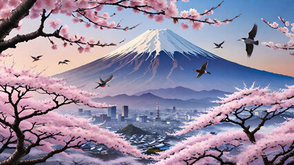 Mount Fuji landscape behind sakura branches