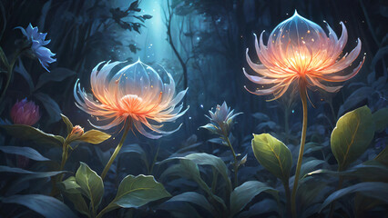 Glowing flowers in forest