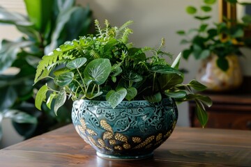 Green plant displayed in a vibrant blue vase. Refreshing and stylish botanical arrangement