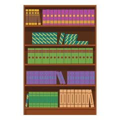 Wooden bookcase with books of library or bookstore. Book shelves with multicolored book spines