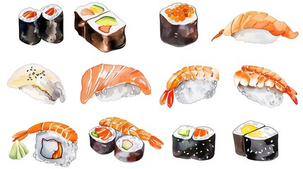 Various sushi stickers, watercolors, blank background