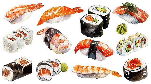 Various sushi stickers, watercolors, blank background