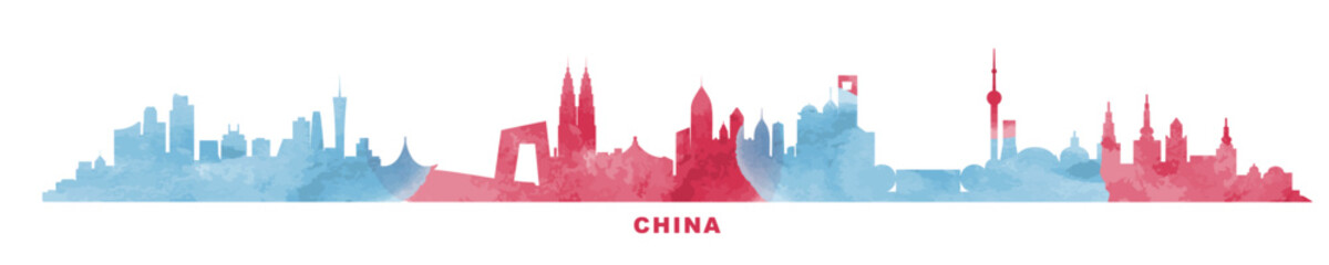 China country skyline with city panorama watercolor style. Vector flat banner, logo. Beijing, Shanghai, Guangzhou, Hangzhou, Harbin, Chongqing silhouette for footer, steamer, header. Isolated graphic - obrazy, fototapety, plakaty