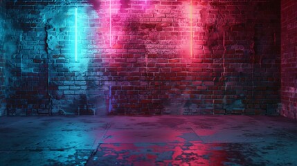the timeless appeal of an empty background featuring an old brick wall bathed in the soft glow of neon light, each weathered brick and flickering light 