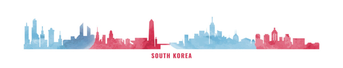 South Korea country skyline with cities panorama, watercolor style. Vector flat banner, logo. Seoul, Busan, Daegu, Daejeon, Incheon silhouette for footer, steamer, header. Isolated graphic - obrazy, fototapety, plakaty