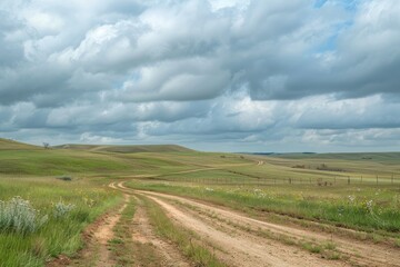Fototapeta na wymiar Country road winding through open field under cloudy skies, peaceful and picturesque landscape