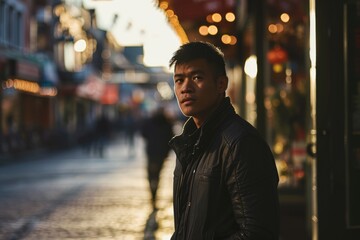 Portrait of a handsome Asian man walking in the street at night