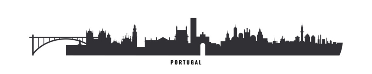 Naklejka premium Portugal country skyline with cities panorama. Vector flat banner, logo. Lisbon, Porto, Coimbra, Braga silhouette for footer, steamer, header. Isolated graphic