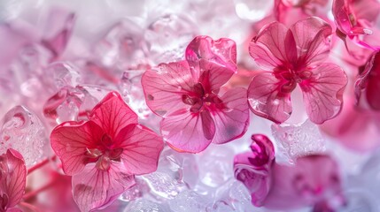 Macro photograph capturing the delicate beauty of pink and red flowers suspended in ice, their graceful forms and vibrant colors transforming into a captivating abstract background