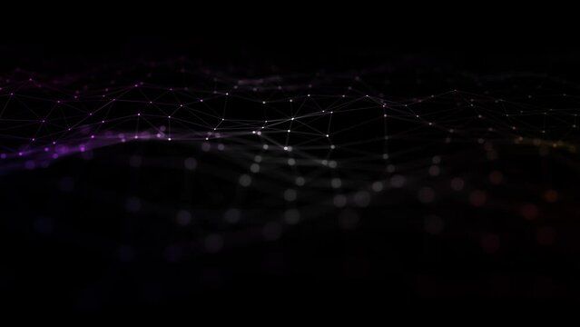 Dark colorful blurred digital wavy network dots with lines slow motion animation background. Seamless looping.