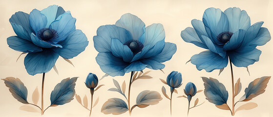 a three blue flowers that are on a white background