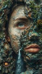 Fototapeta premium an woman as Earth , half of her face depicts nature, water falls, forests , sky, Sun and Moon,generative ai