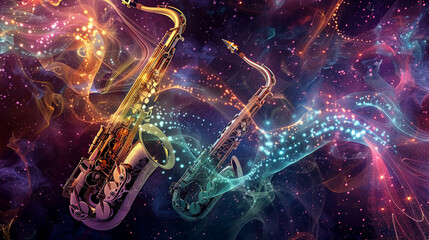 An abstract representation of a tenor saxophone, violin, and clarinet, depicted as intertwining ribbons of light against a background of shimmering stardust   - obrazy, fototapety, plakaty