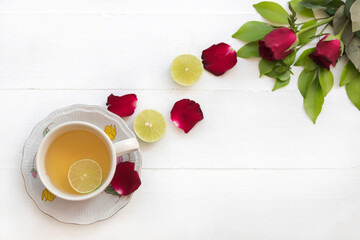 herbal drinks hot lemon for health care arrangement flat lay style on background wooden white